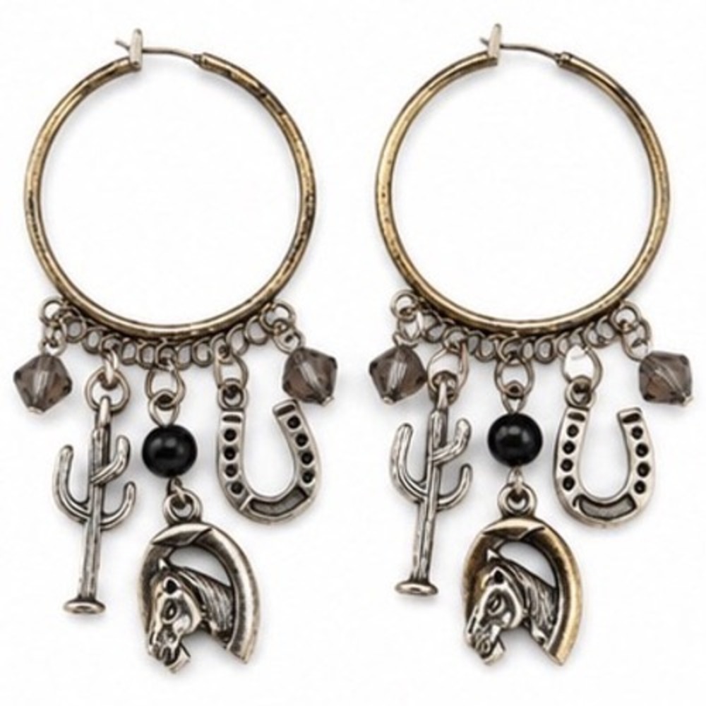 Western Charm Hoop Earrings Silver Tone Horse Horseshoe Cactus Beads Antique